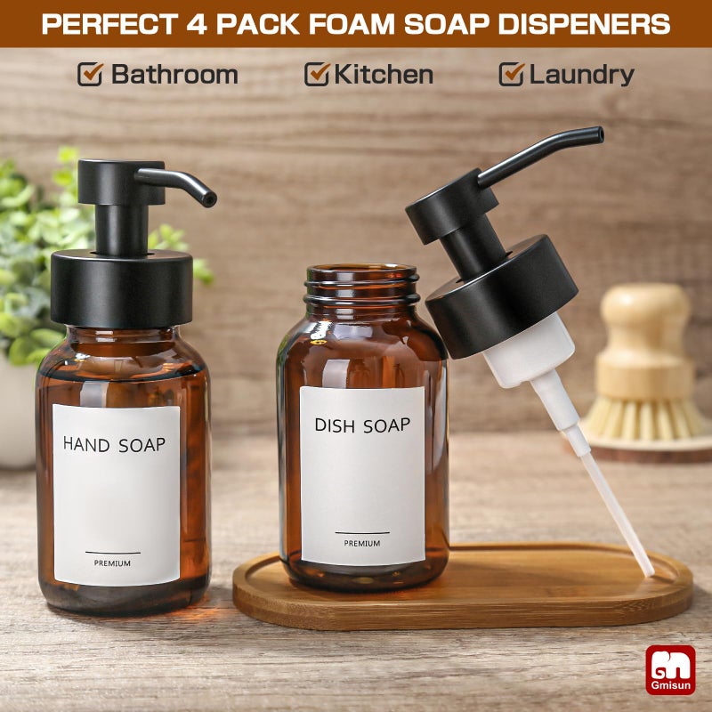 GM GMISUN GMISUN Foaming Soap Dispenser, 4 Pcs 8.5 Fl oz Amber Glass Foam Hand Soap Dispenser for Bathroom & Kitchen, Refillable Hand Soap Foam Dispensers, Modern Amber Glass Pump Bottle with Waterproof Labels - Image 4